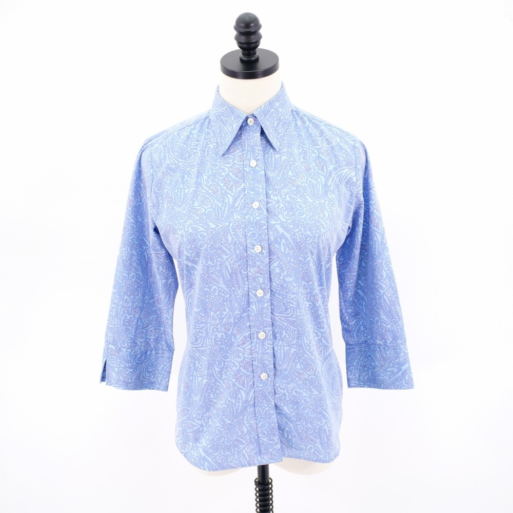 Land's End 4 Blue Baroque Paisley Collared Button Front  3/4 Sleeve‎ Shirt Top